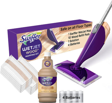 Swiffer Wetjet Wood Floor Mopping And Cleaning Starter Kit, All Purpose Floor Cleaning Products, 1 Mop, 10 Pads, Cleaning Solution, Batteries