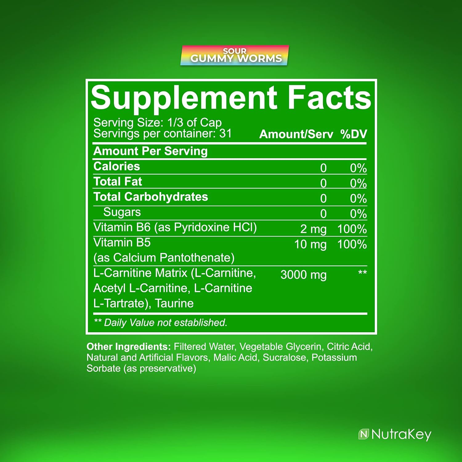 NutraKey L-Carnitine 3000mg, No Sugar, Gluten Free, Turn Into Fuel, (Sour Gummy Worms) 31 Servings : Health & Household