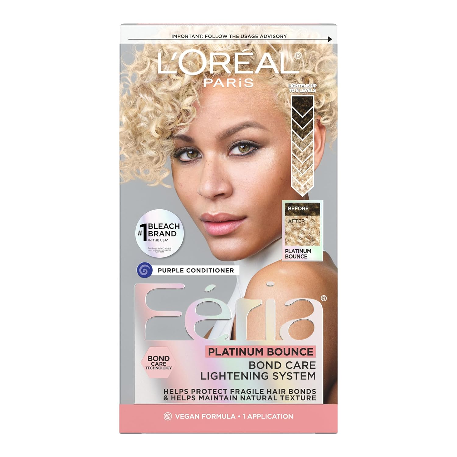 L'Oreal Paris Feria Platinum Bounce Bond Care Lightening System, Lifts Up To 8 Levels, Includes Anti Brass Purple Conditioner, Platinum Bounce, 1 Hair Dye Kit