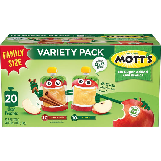 Mott'S No Sugar Added Applesauce Variety Pack, 3.2 Oz Clear Pouches, 20 Pack