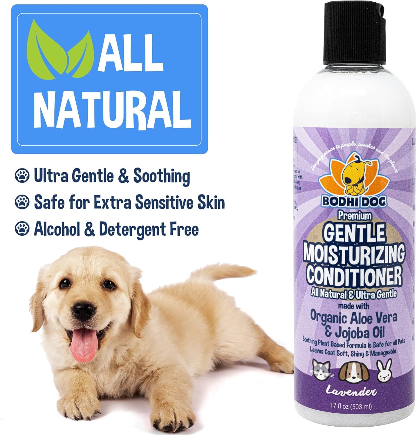 Bodhi Dog Gentle Moisturizing Conditioner | Dog Conditioner | Soothing Plant-Based Formula | Leaves Coat Shiny & Manageable | Made w/Soothing Aloe Vera & Jojoba Oil | Made in USA (Lavender, 17oz)