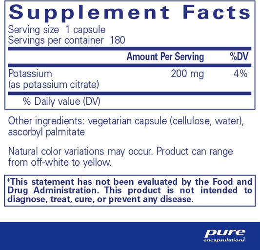 Pure Encapsulations Potassium (Citrate) - Essential Electrolyte Supplement To Support Nerve & Muscle Function, Adrenals, Hormones, Heart Health & Energy* - Potassium Citrate Capsule