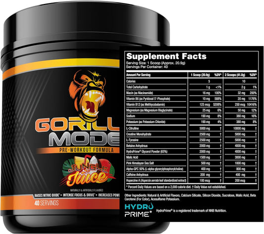 Gorilla Mode Pre Workout - Massive Pumps ú Laser Focus ú Energy ú Power - L-Citrulline, Creatine, L-Tyrosine, Betaine, Hydroprime?, Alpha-GPC, 400mg Caffeine, Huperzine A - 836g (Jungle Juice)