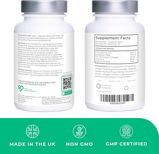 Joint Support, 2 Month Supply - 60 Capsules, With Glucosamine, Vitamin C, Hyaluronic Acid, Levagen® + Uc-Ii® Chicken Collagen Type 2 For Joint Pain Relief, Joint Care Supplements For Men & Women
