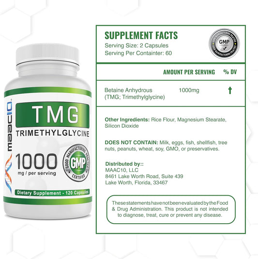 Maac10 Tmg Supplements 1000Mg | Trimethylglycine Or Betaine Anhydrous | Methylation, Homocysteine And Liver Support (120 Capsules)
