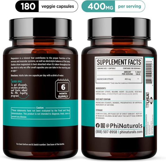 Magnesium Citrate Powder Capsules 400mg ? [180 Count] Pure Non-GMO Supplements ? Made in The USA