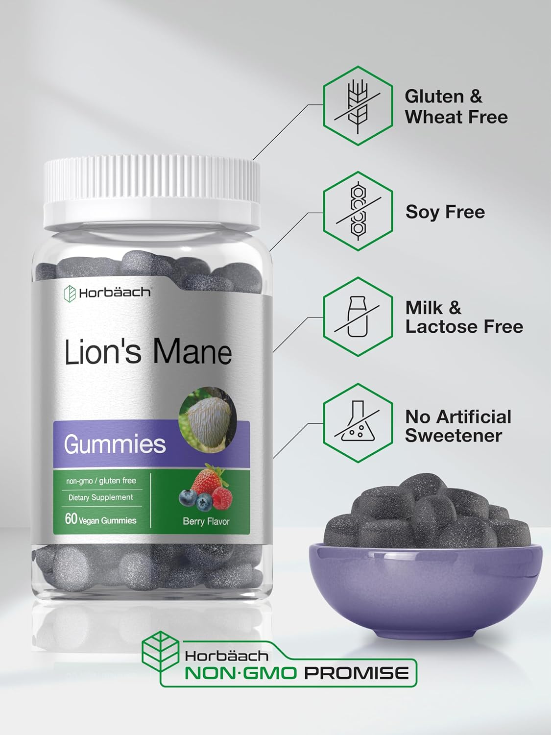 Horbäach Lion's Mane Supplement | 60 Vegan Gummies for Adults | Non-GMO and Gluten Free : Health & Household