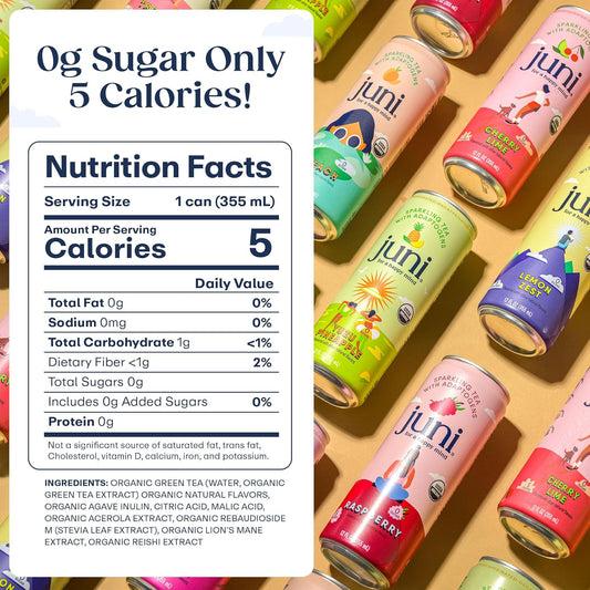 Juni Sparkling Tea With Adaptogens, Zero Sugar, 5 Calories, Organic Adaptogen Drink With Natural Caffeine From Green Tea, Vegan, Lemon, 12 Fl Oz Cans (12-Pack)