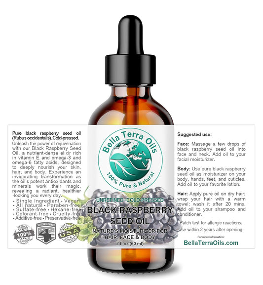 Bella Terra Oils - Black Raspberry Seed Oil 2 oz - Cold-Pressed & Unrefined, Rich in Vitamin E & Omega-3 Fatty Acids, Elevate Your Cosmetic Experience with Nature's Finest