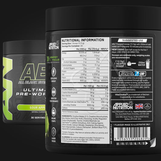 Applied Nutrition Abe Pre Workout - All Black Everything Pre Workout Powder, Energy & Physical Performance With Citrulline, Creatine, Beta Alanine (375G - 30 Servings) (Sour Apple)
