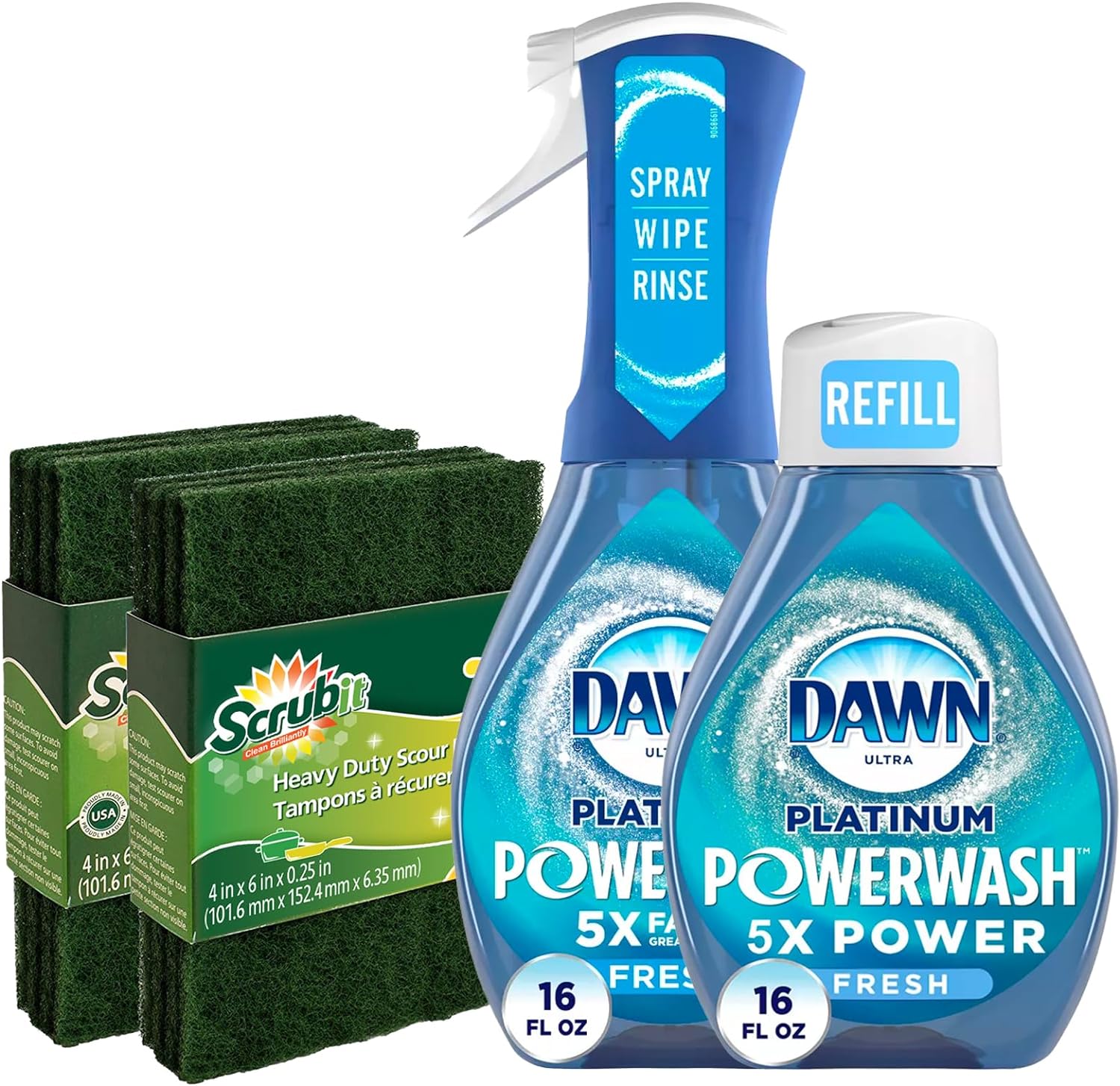 Dawn Powerwash Spray Platinum Dish Soap - Fresh Scent + 1 Dawn Powerwash Refill, 16 fl oz each, With 6 Reusable Heavy Duty Scouring Pads