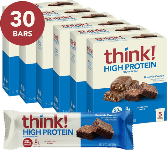 Think! Protein Bars, High Protein Snacks, Gluten Free, Kosher Friendly, Brownie Crunch, Nutrition Bars, 2.1 Oz Per Bar, 30 Count (Packaging May Vary)