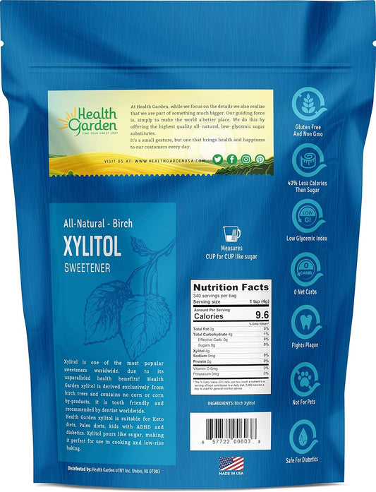 Health Garden Birch Xylitol Sweetener - 3 Lbs Resealable Bag - Pure Birch Xylitol - Non Gmo, Kosher, And Made In The U.S.A. - Ideal Powdered Sugar Substitute - Non-Gmo Sugar Alternative