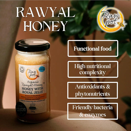 RAW POT - ORGANIC RAWYAL HONEY – ORGANIC RAW HONEY WITH ROYAL JELLY - Natural Pure Unpasteurised Honey for Immunity, Brain, Digestion, Energy Support, Skin Care | For Kids & Adults (295g)