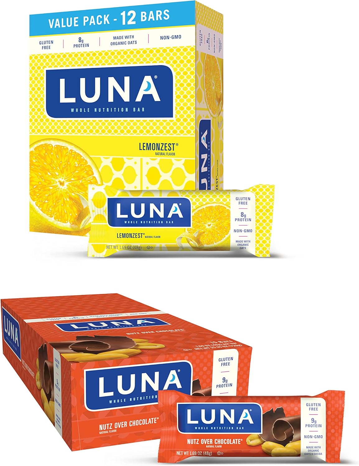 Luna Bar - Gluten Free Snack Bars - Lemonzest 12Ct + Luna - Gluten Free Snack Bars - Nutz Over Chocolate 15Ct