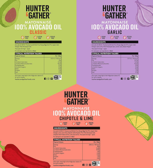 Hunter & Gather Avocado Oil Keto Seed Oil Free Mayonnaise Variety Pack 3X175G | 1Xclassic, 1Xgarlic, 1Xchipotle & Lime | Made With Pure Avocado Oil & Free Range British Egg Yolk | Gluten & Sugar Free
