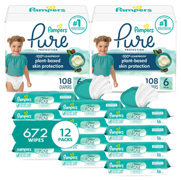 Pampers Pure Protection Disposable Baby Diapers Size 6, 2 Month Supply (2 X 108 Count) With Aqua Pure Sensitive Baby Wipes, 12X Pop-Top Packs (672 Count)