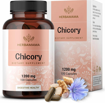Herbamama Chicory Root Fiber Capsules - 1200Mg Chicory Root Powder For Gut Cleanse & Digestive Support - Vegan, Non-Gmo Inulin Prebiotic Fiber Supplement, 250 Caps