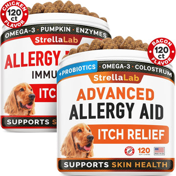 Allergy Relief + Advanced Allergy Dogs Bundle - Itchy Skin Treatment + Itch Relief - Omega 3 & Pumpkin + Probiotics - Dogs Itching & Licking Treats + Anti-Itch&Hot Spots - 240 Chews - Made In Usa