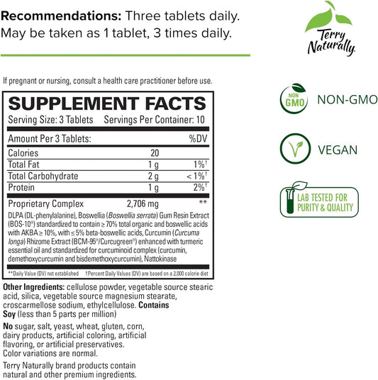 Terry Naturally Curamin Extra Strength - 30 Tablets - Non-Addictive Pain Relief with Curcumin, Boswellia, DLPA & Nattokinase - Non-GMO, Vegan - 10 Servings