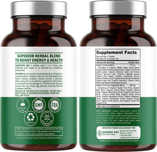 N1N Premium Organic Superfood Greens [28 Powerful Ingredients] Natural Fruit and Veggie Supplement with Alfalfa, Beet Root and Ginger to Boost Energy, Immunity and Gut Health, Made in USA, 60 Ct
