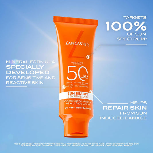 Lancaster Sun Beauty Sensitive Skin Mineral Face Cream Spf50 50Ml, Broad Spectrum Sun Protection, With Tan Activator Complex, Lightweight Texture, Water Resistant Formula, Suitable For All Skins