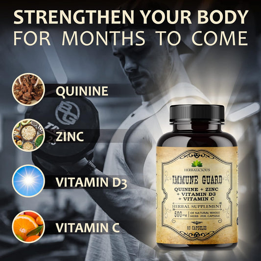 Quinine Immune Guard - Quinine Capsules Supplement With Vitamin C, D3, Zinc - For Muscle Cramps Relief & Stomach Wellness - Non-Gmo Cinchona Bark Herbal Supplements - 500Mg, 60 Capsules