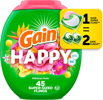 Gain Super Sized Flings Laundry Detergent Pacs, 3-In-1 Detergent Pacs With Febreze And Oxi, Happy Scent, 45 Count