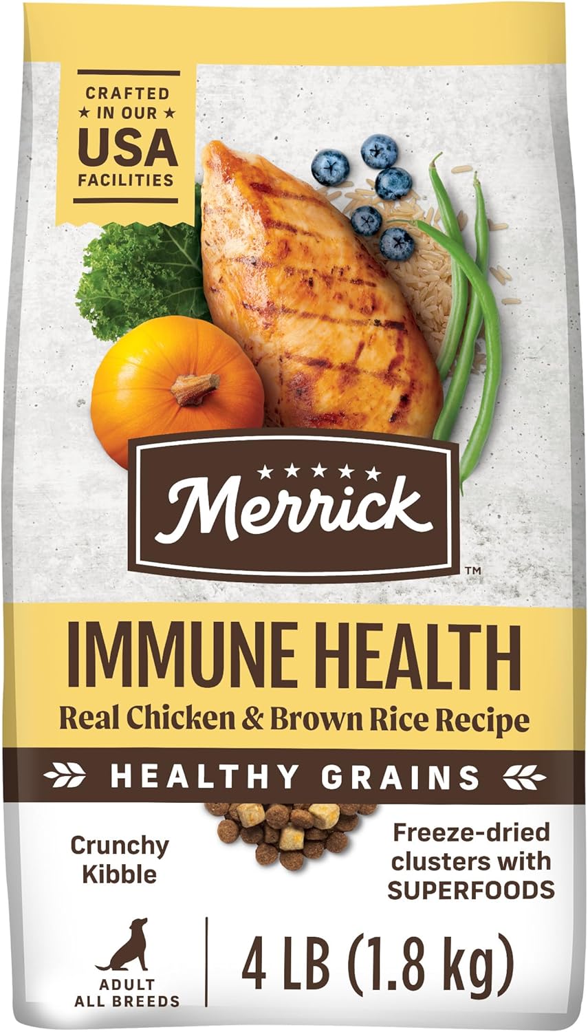 Merrick Immune Health Recipe, Healthy Grains Chicken Dry Dog Food With Freeze-Dried Clusters With Superfoods - 4 Lb. Bag