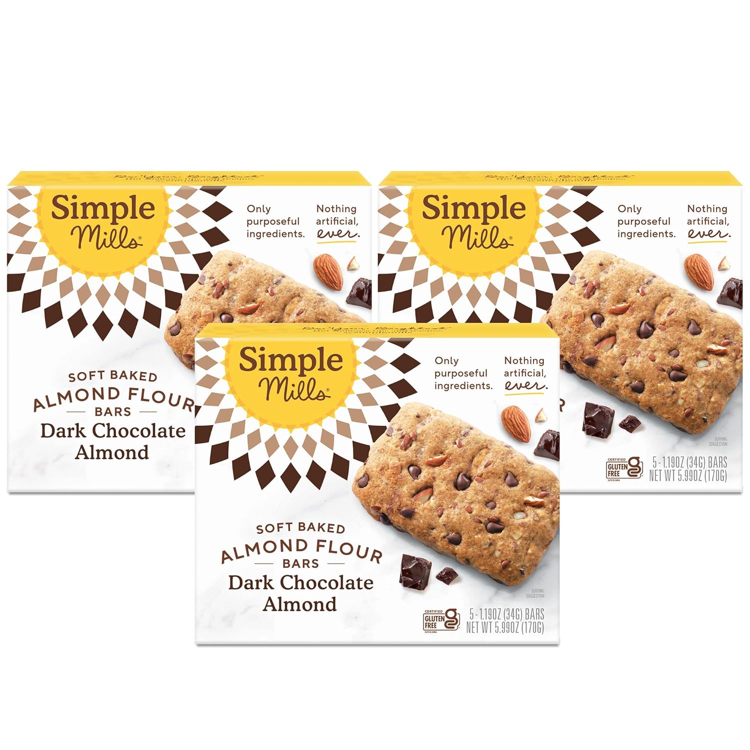 Simple Mills Almond Flour Snack Bars, Dark Chocolate Almond - Gluten Free, Made with Organic Coconut Oil, Breakfast Bars, Healthy Snacks, Paleo Friendly, 6 Ounce (Pack of 3)