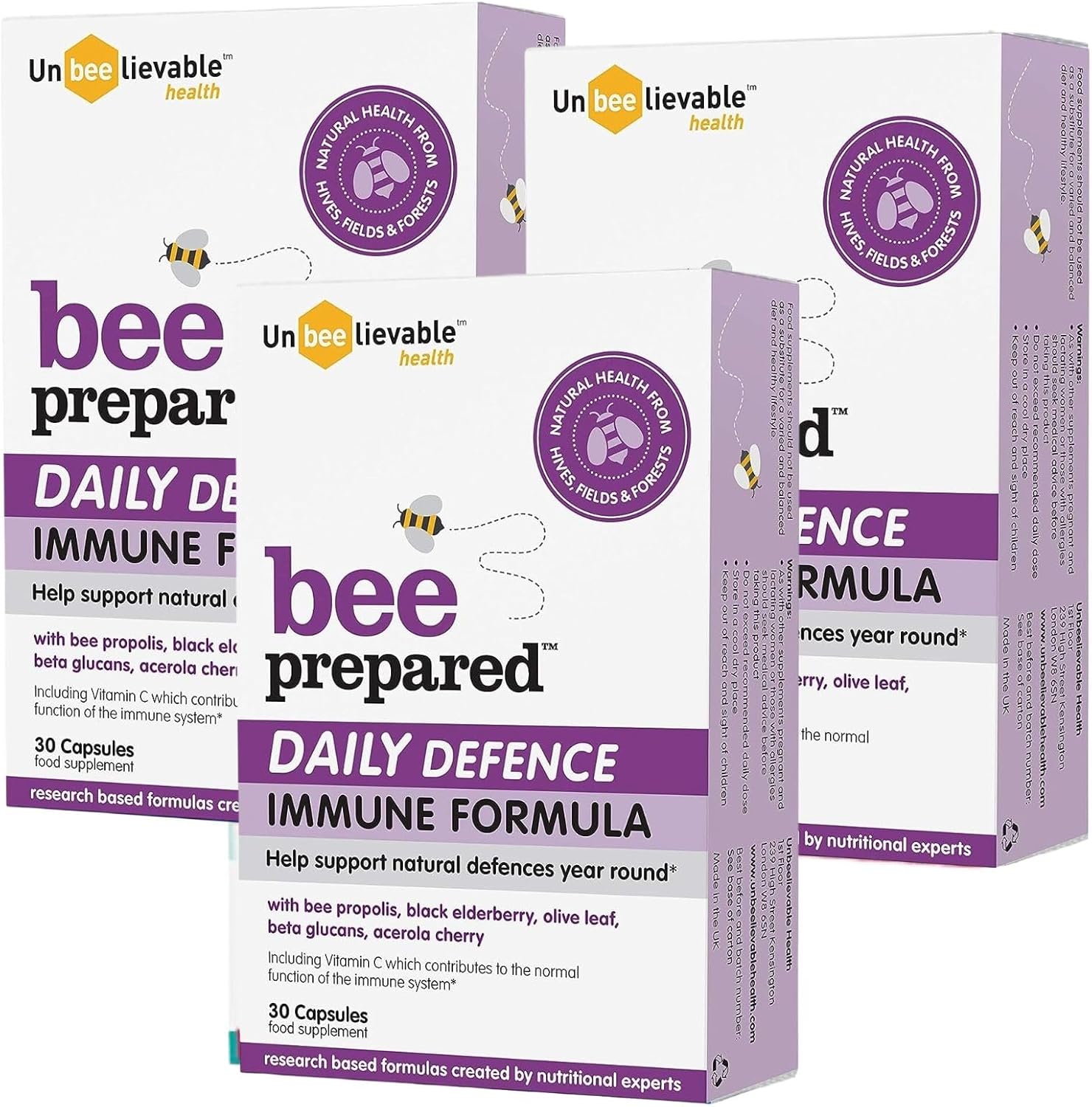 Unbeelievable Health Bee Prepared Daily Defence Immune System Formula - Created By Nutritional Experts - Contains Bee Propolis, Elderberry And More – Immunity Support Supplement - 3 Pack