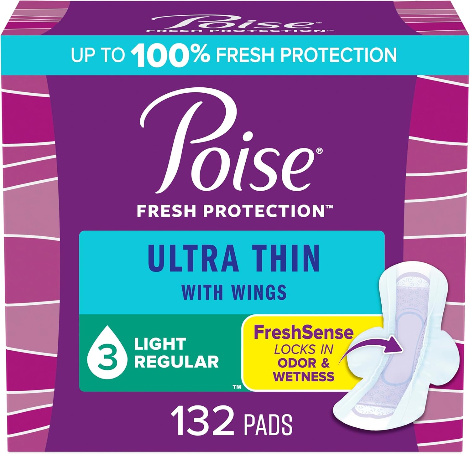 Poise Ultra Thin Incontinence Pads With Wings & Postpartum Incontinence Pads, 3 Drop Light Absorbency, Regular Length, 132 Count (3 Packs Of 44), Packaging May Vary