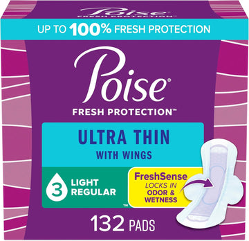 Poise Ultra Thin Incontinence Pads With Wings & Postpartum Incontinence Pads, 3 Drop Light Absorbency, Regular Length, 132 Count (3 Packs Of 44), Packaging May Vary