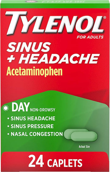 Tylenol Sinus + Headache Daytime Non-Drowsy Relief Caplets, Acetaminophen 325mg, Nasal Decongestant for Sinus Pressure, Headache & Nasal Congestion Relief, 24 ct