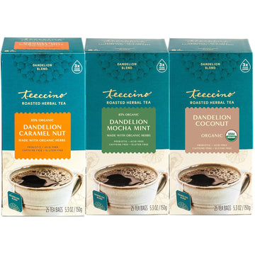 Teeccino Dandelion Root Tea Sampler - Caramel Nut, Mocha Mint, Coconut - Caffeine-Free, Roasted Herbal Tea With Prebiotics, Gluten Free - 25 Tea Bags (Pack Of 3)