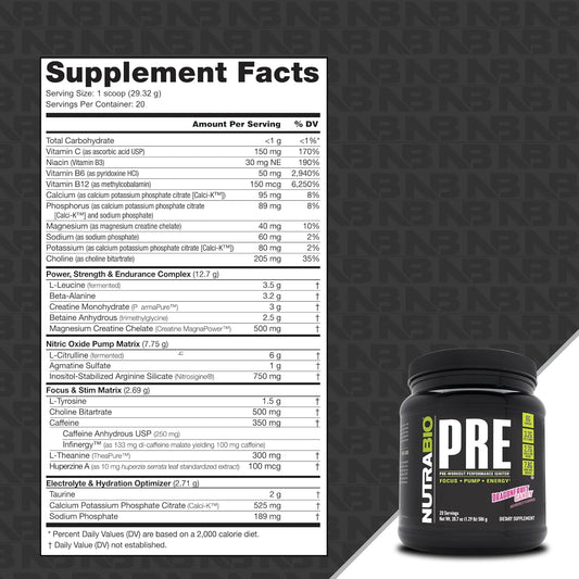 NutraBio PRE Workout Powder - Sustained Energy, Mental Focus, Endurance - Clinically Dosed Formula - Beta Alanine, Creatine, Caffeine, Electrolytes - 20 Servings - Dragonfruit Candy