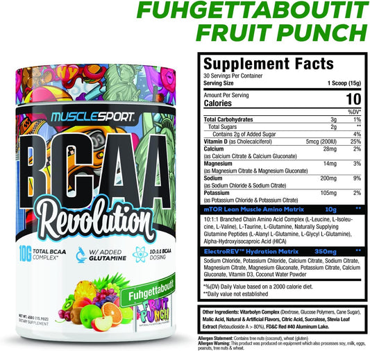 Musclesport Bcaa Revolution Amino Acid Powder Supplement For Men & Women - Intra Workout Training Complex - Recovery Supplement (Fuhgettaboutit Fruit Punch, 30 Servings)