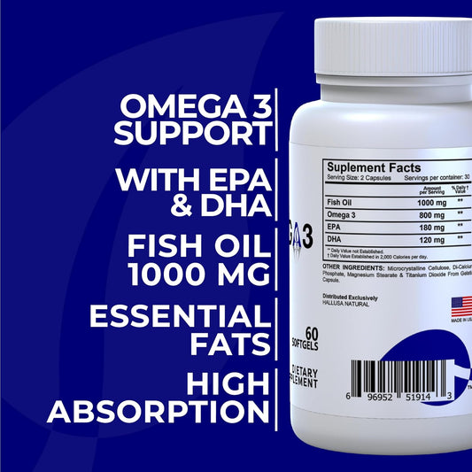 Omega 3 Fish Oil 1000Mg – Epa 180Mg Dha 120Mg – Omega 3 Fatty Acids Supplement – Heart, Eye & Joint Support – 60 Softgels – Hallusa Natural