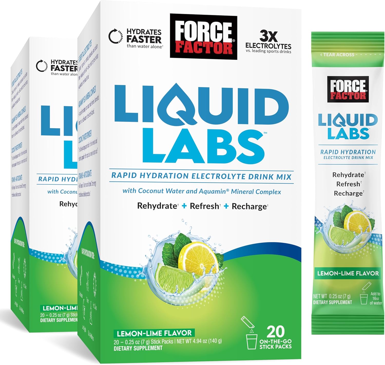 Force Factor Liquid Labs Electrolytes Powder Packets—Lemon Lime—Hydration Packets To Make Electrolyte Water With 5 Essential Electrolytes, Vitamins, Minerals, And Antioxidants, 40 Stick Packs, 2-Pack