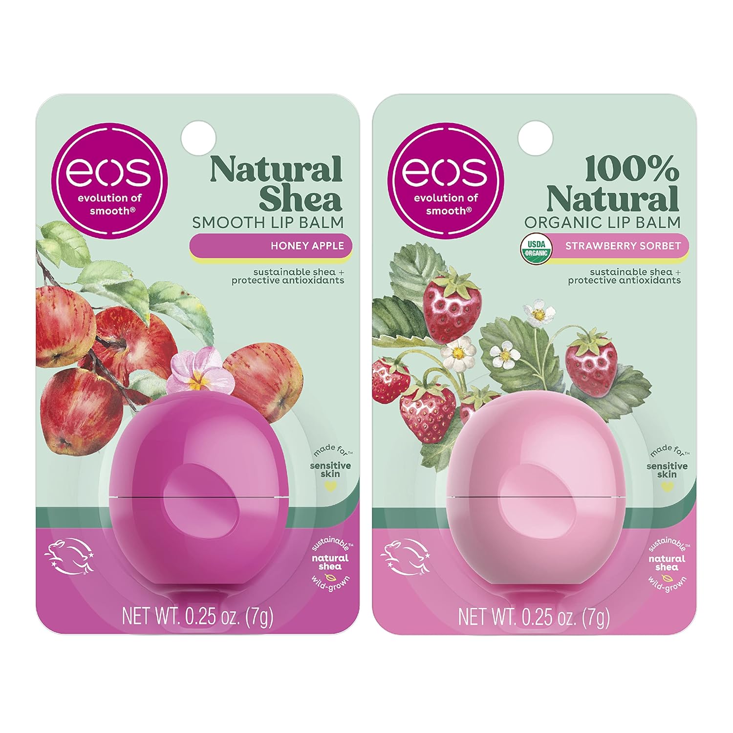 Eos 100% Natural & Organic Lip Balm Strawberry Sorbet And Honey Apple, Dermatologist Recommended, All-Day Moisture, Made For Sensitive Skin, 0.25 Oz, 2-Pack