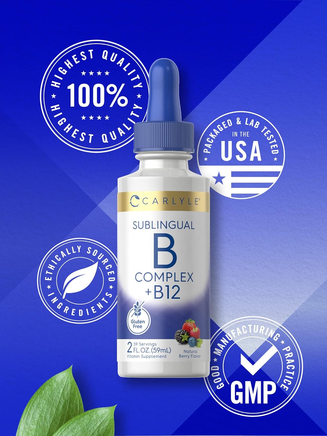 Carlyle Sublingual Vitamin B Complex | with B12 | 2 Fluid Ounces | Berry Flavor | Vegetarian, Non-GMO, and Gluten Free Supplement : Health & Household