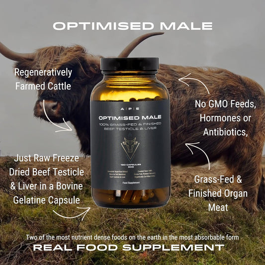 Ape Nutrition Optimised Male | Grass-Fed Beef Testicles & Liver Men’S Supplements | Boost Male Vitality, Energy & Testosterone | Gym Supplements For Men | 180 Capsules