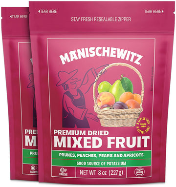 Manischewitz Dried Fruit Mix 8oz (2 Pack) | Dried Apples, Pears, Peaches, Prunes, and Apricots | Fat Free, No Sugar Added, Kosher for Passover