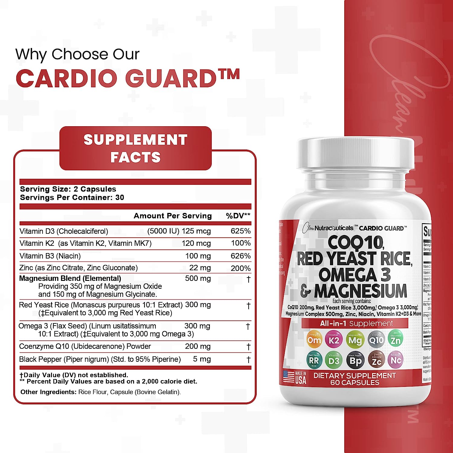 Clean Nutraceuticals COQ10 200mg Red Yeast Rice 3000mg Omega 3 3000mg Magnesium Complex 500mg Niacin Zinc Vitamin K2 D3 B3- Heart Health Support Vitamins for Women & Men with Coenzyme Q10-60 Ct : Health & Household
