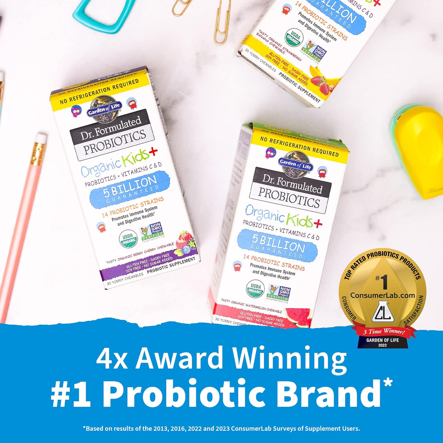 Garden of Life Dr. Formulated Probiotics Organic Kids+ Plus Vitamin C & D - Watermelon - Gluten, Dairy & Soy Free Immune & Digestive Health Supplement, No Added Sugar, 30 Chewables (Shelf Stable)