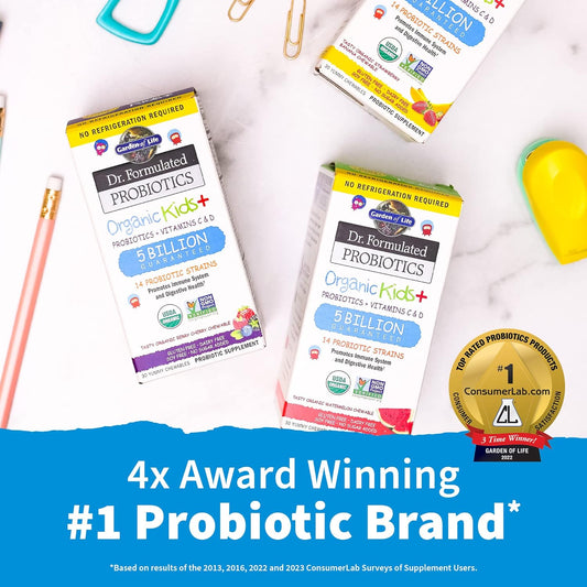 Garden of Life Dr. Formulated Probiotics Organic Kids+ Plus Vitamin C & D - Watermelon - Gluten, Dairy & Soy Free Immune & Digestive Health Supplement, No Added Sugar, 30 Chewables (Shelf Stable)