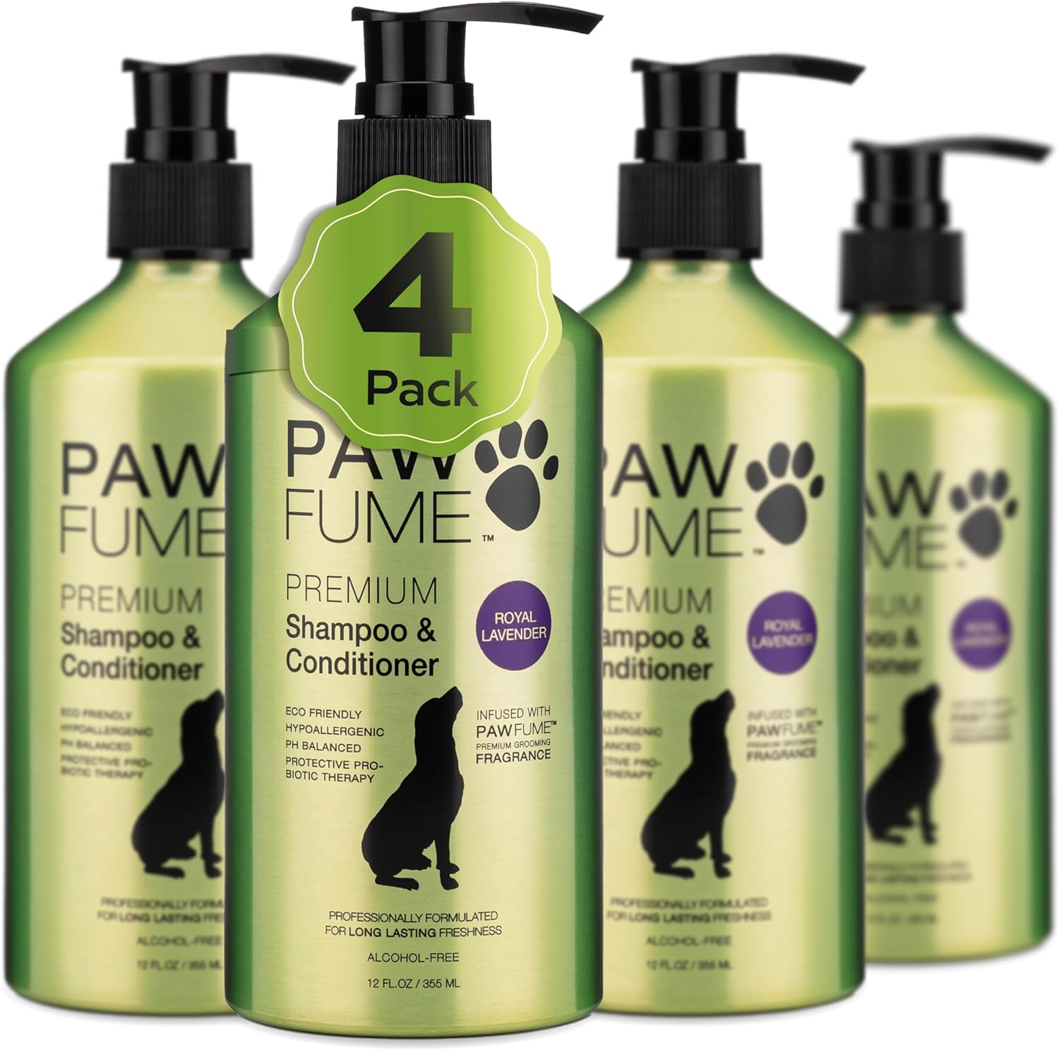 Pawfume Dog Shampoo and Conditioner – Hypoallergenic Dog Shampoo for Smelly Dogs – Best Dog Shampoos & Conditioners – Probiotic Pet Shampoo for Dogs – Best Dog Shampoo for Puppies (Lavender, 4-Pack)