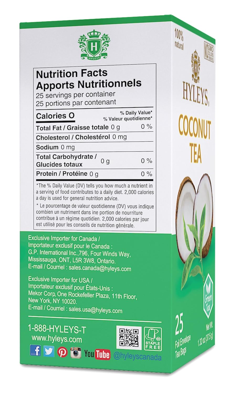 Hyleys Wellness Natural Coconut With Green Tea - 25 Tea Bags (Gmo Free, Gluten Free, Dairy Free, Sugar Free & 100% Natural)