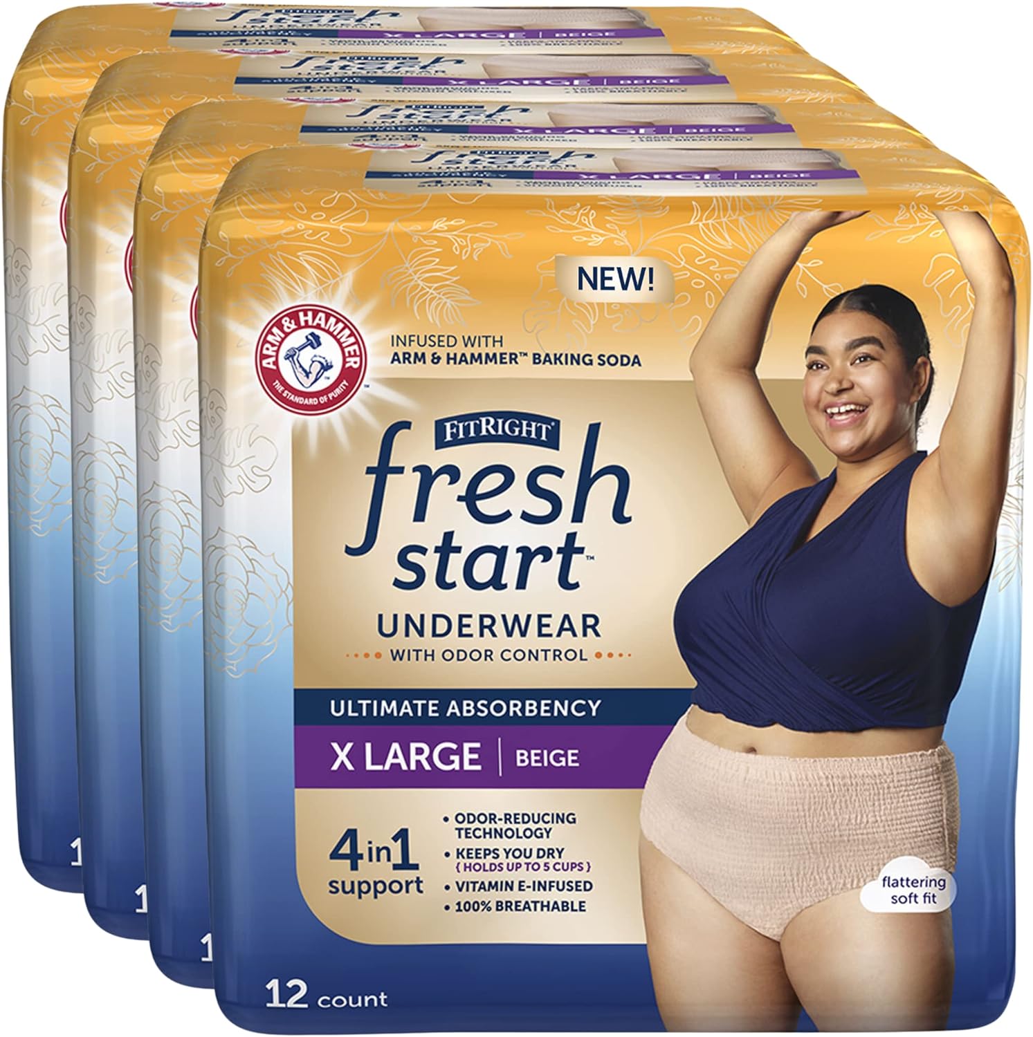 Fitright Fresh Start Urinary And Postpartum Incontinence Underwear For Women, Xl, Beige, Ultimate Absorbency, With The Odor-Control Power Of Arm & Hammer Baking Soda (48 Count, 4 Packs Of 12)