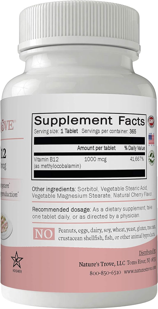 Nature'S Trove Vitamin B12 Methylcobalamin 1000 Mcg, 365 Count, B12 Chewable Vitamins, Cherry Flavor